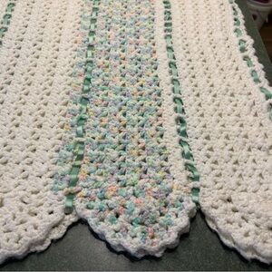 Handmade Crocheted Baby Afghan 55”x46” Pastel Colors Mint Green Ribbon Pre-Owned